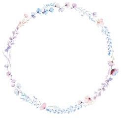 Circle frame with watercolor pastel wild flowers and leaves,  hand drawn wedding illustration