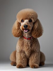 A Poodle dog is sitting on a gray and white background and looking ahead. AI generated image