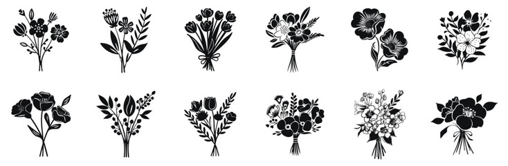 Elegant Flower Bouquet vector illustration. Different wildflowers hand drawn black on white background. Floral decoration silhouette.