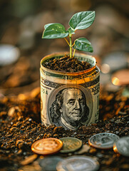Roll of dollar bills is planted in the soil and tree grows on top. Concept of money growth investment interest business.
