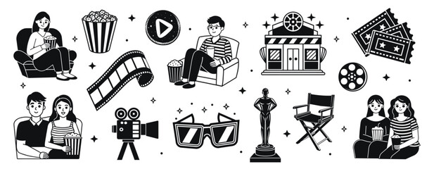 Cinema vector illustration. People watching movie together hand drawn black on white background. Tickets, pop corn, camera, film strip, director chair silhouette.