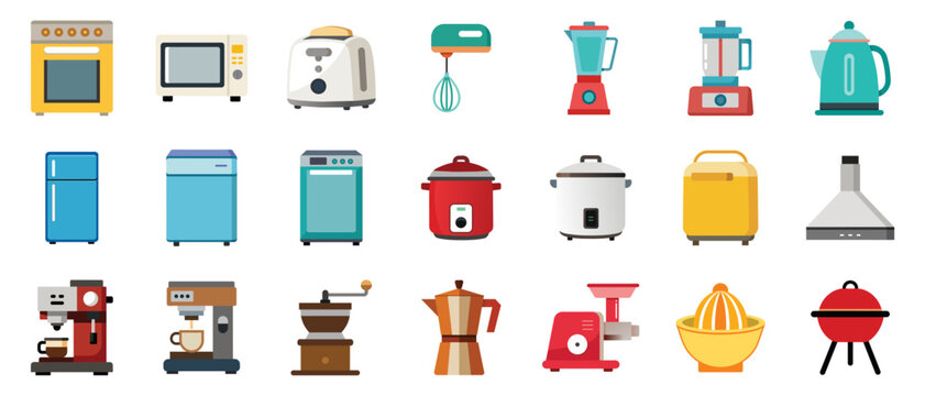 Kitchen Appliances Icons, vector flat cartoon illustration. Household electronics - coffee maker, blender, toaster, dishwasher, fridge, electric meat grinder, exhaust hood.
