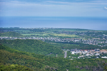 Aerial view of Mauritius island from the top of the mountain, Africa