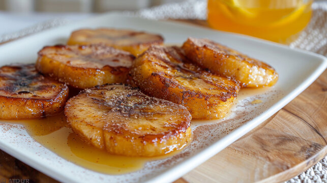 Delicious caramelized plantains dusted with cinnamon, served on a white plate, a traditional sweet treat from congolese cuisine. Ideal for dessert