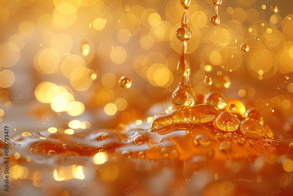 Poster this mesmerizing image showcases a macro view of golden liquid droplets mid-air, creating a sparklin