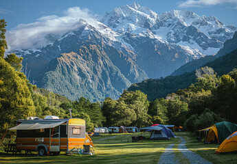 Camper trailer and tents in campground with snow-capped mountains in the background.