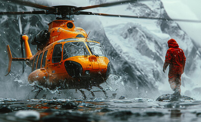 Fototapeta premium Rescue worker stands in the water next to helicopter.