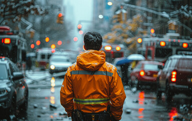 An emergency worker in an orange jacket stands at the site of a traffic accident on city streets, with broken cars and ambulances nearby