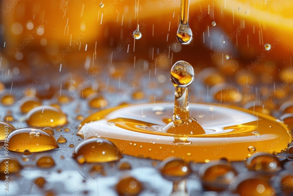 Poster an image of multiple water droplets bouncing and interacting with a golden liquid surface, creating 