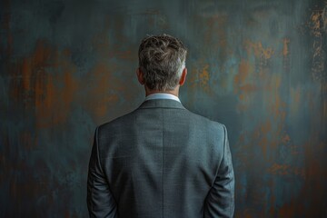 A professionally dressed man stands with his back to the camera facing an abstractly painted wall in moody colors