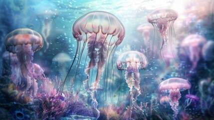 Enchanting Underwater Jellyfish Bloom in Mystical Ocean Scene