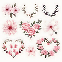 set of super cute flowers and leaf with heart shape wreath, watercolor illustration, isolated on white background.