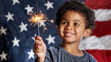 Joyful Child Holding Sparkler in Front of American Flag During Celebration