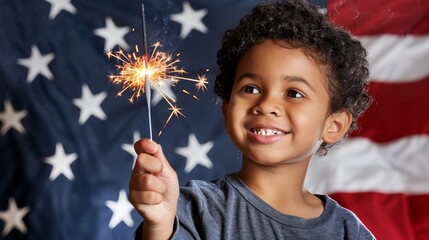 Joyful Child Holding Sparkler in Front of American Flag During Celebration - Powered by Adobe