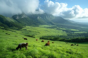 Dramatic clouds embrace the mountain peaks while cows graze peacefully on the lush slopes below