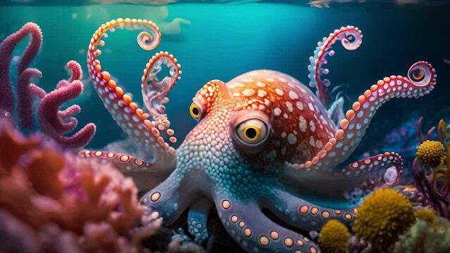 Octopus swimming in the under sea , Beautiful Underwater and colorfull coral in wild nature of the Pacific Ocean