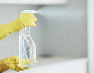 Hands, rubber gloves and spray bottle with chemicals, hygiene and cleaning apartment for...