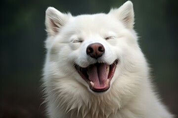 Close-up of a happy white dog with eyes closed and a broad smile, set against a soft natural background
