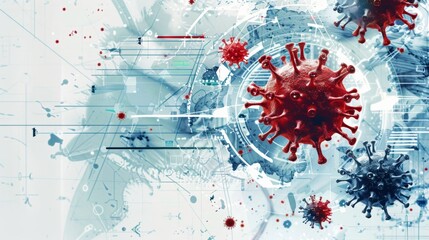 Abstract representation of a virus with digital and scientific elements, suggesting high-tech research or cyber threats in healthcare.