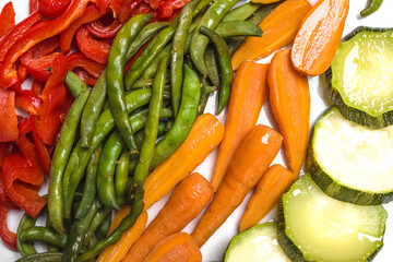 Cooked vegetables. Steamed zucchini, green bean, carrots, pepper. Low calorie diet concept.