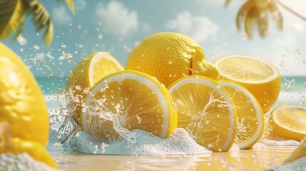 Spinning lemon slices merged with a beach scene, evoking a tropical vibe