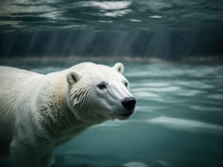 A polar bear swims under icy water