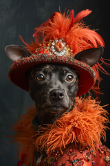 The Profile of A Dog Dressed in Extravagant, Overly Ornate Attire Against A Single-Color Background