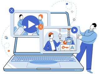 Video marketing vector illustration. The internet provides vast cyberspace where video marketing campaigns can connect with global viewers Social media platforms play crucial role in disseminating