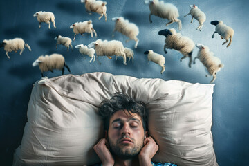 man with insomnia lies on a pillow and counting sheep in his head