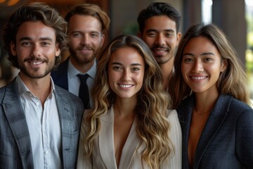 Fototapeta premium A young, vibrant team of business professionals smiles in an office setting