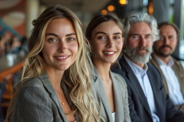 Obraz premium Casual business meeting with two female colleagues in the foreground at a lounge area