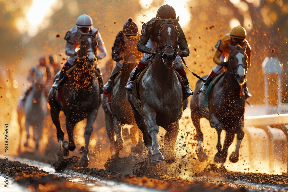Poster the intensity of horse racing captured in a dynamic shot with jockeys on thoroughbreds splashing thr