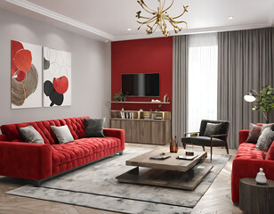 Modern interior of living room with red sofa