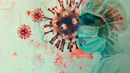 Digital artwork of virus particles and face mask representing health care crisis, pandemic themes, and the fight against contagious diseases.