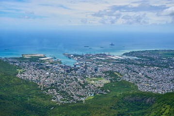 Aerial view of the city and capital of Port-Louis, Mauritius, Africa.