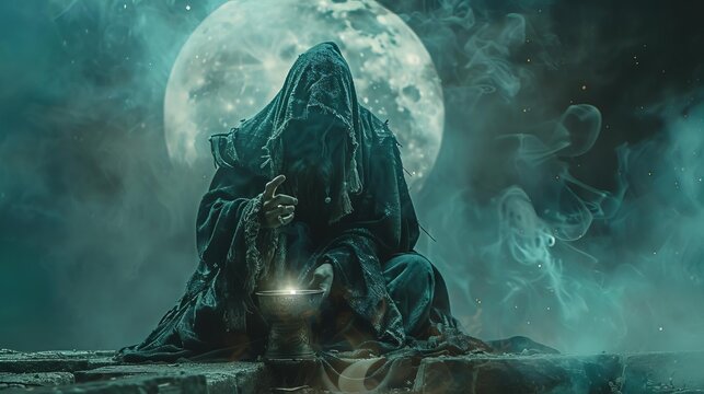 The art of sorcery, showcased in magazine photography style, with a warlock performing a spell under the moonlight, capturing the allure of the occult