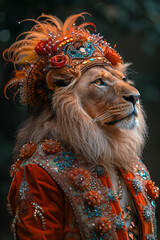 The Profile of A Lion Dressed in Extravagant, Overly Ornate Attire Against A Single-Color Background