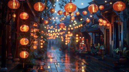 The glow of lanterns at night, captured in documentary photography style, illustrating the warm, inviting light as it dances on cobblestone streets for a cultural magazine