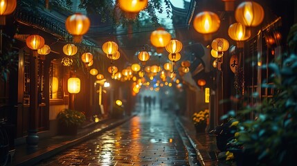 The glow of lanterns at night, captured in documentary photography style, illustrating the warm,...