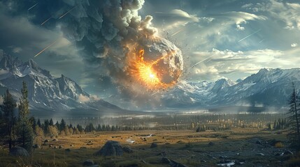 The impact of a meteor on a remote landscape, portrayed in magazine photography style, capturing the aftermath and scientific exploration of the site