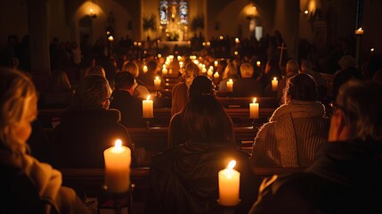 The quiet ambiance of a requiem service, portrayed in magazine photography style, capturing the flickering candlelight and gathered mourners in a moment of tribute