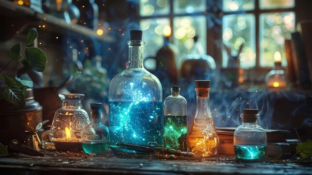 The mystical process of creating an elixir, captured in documentary photography style, showcasing ancient alchemical tools and glowing potions for a science and mystery magazine