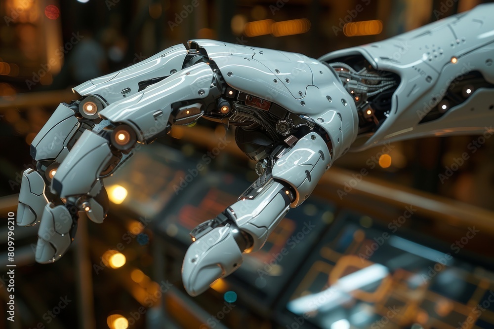Poster a dynamic shot of a robotic arm in motion, exhibiting precise engineering and high-tech capabilities