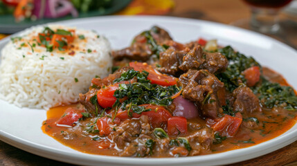Classic african comfort food: traditional congolese beef stew with white rice and spinach, elegantly served
