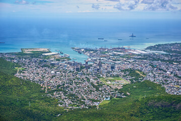 Aerial view of the city and capital of Port-Louis, Mauritius, Africa.