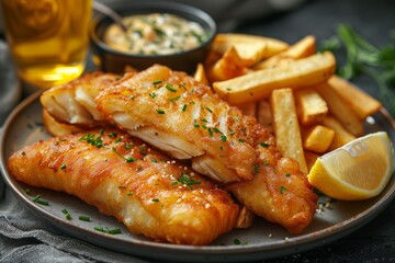 Fototapeta premium A classic dish, the image shows golden fried fish fillets with lemon and fries served on a dark plate Herbs enhance the presentation