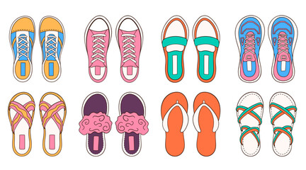 Female shoes collection in cartoon. Set of elegant shoes, sneakers and boots. Bundle of casual woman footwear. Vector illustration isolated on a white background.