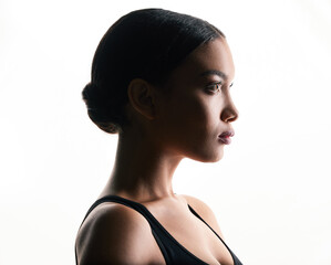 Makeup, beauty and profile of woman in studio for red lips, face and skin routine for concert. Cosmetics, ballet and model with female dancer with facial cosmetology treatment by white background. © peopleimages.com