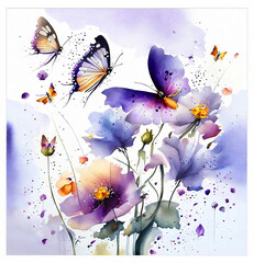 Butterflies and flowers watercolor purple s2