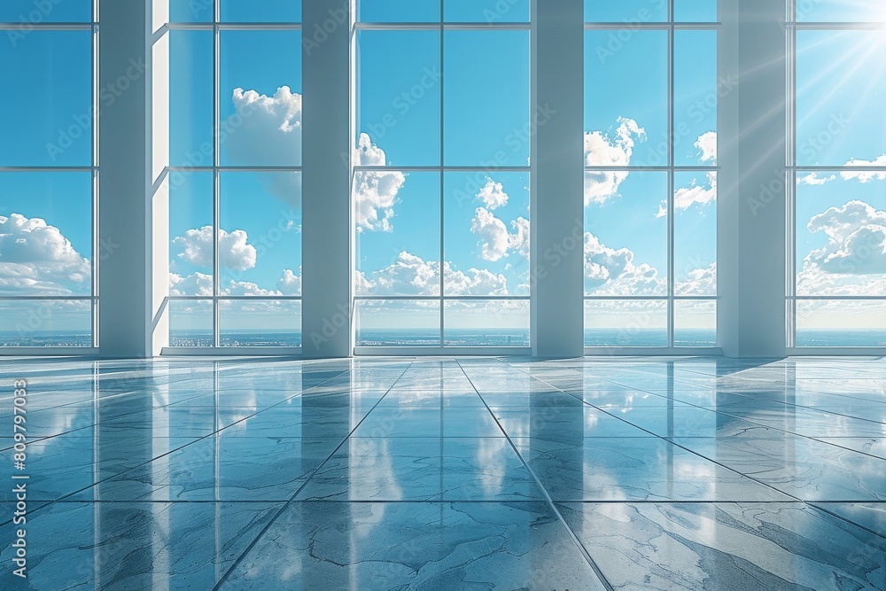 Poster an empty office space bathed in natural light with large floor-to-ceiling windows offering a citysca